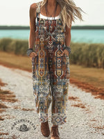 Vintage Print Casual 100% Cotton Wide Leg Jumpsuit
