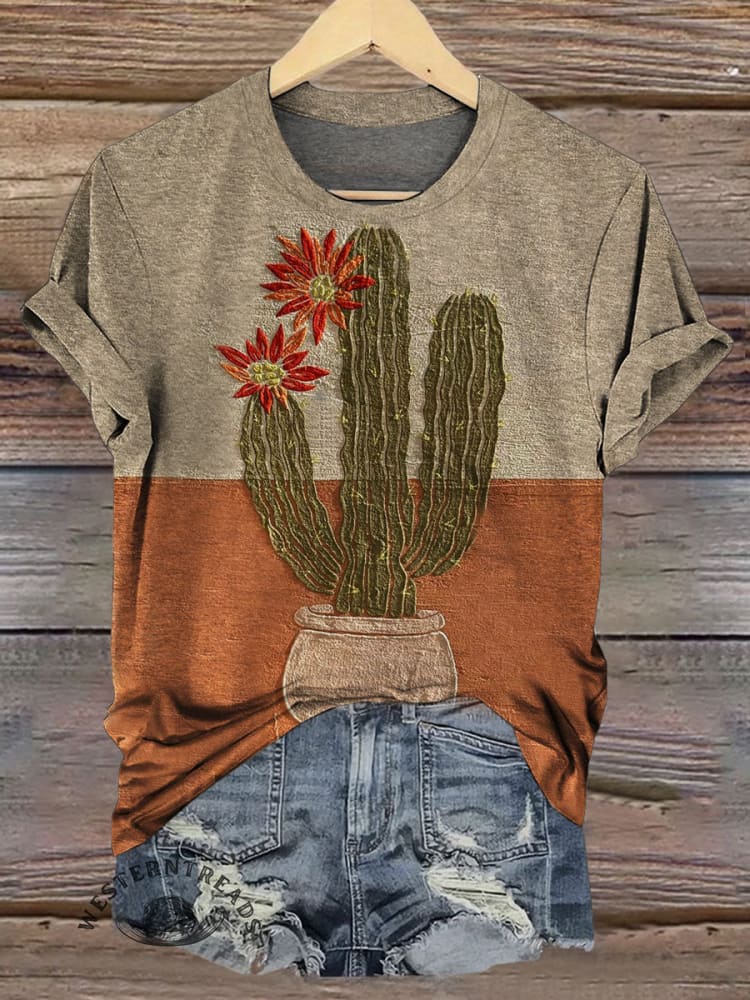 Vintage Cactus Art Print Casual T-shirt