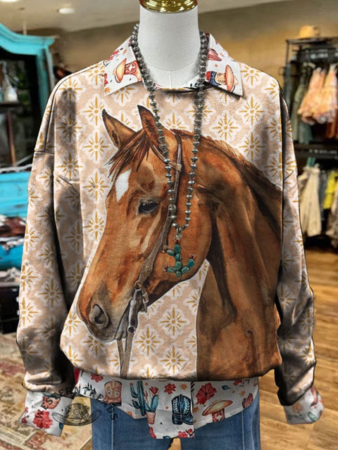 Horse Print Casual Cotton Sweatshirt