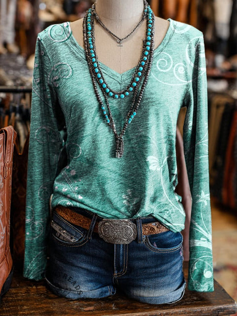 100% Cotton🍃Art Print Casual V-neck Long Sleeve T-shirt