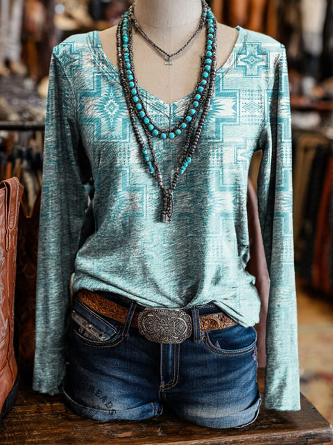 100% Cotton🍃Aztec Print Casual V-neck Long Sleeve T-shirt