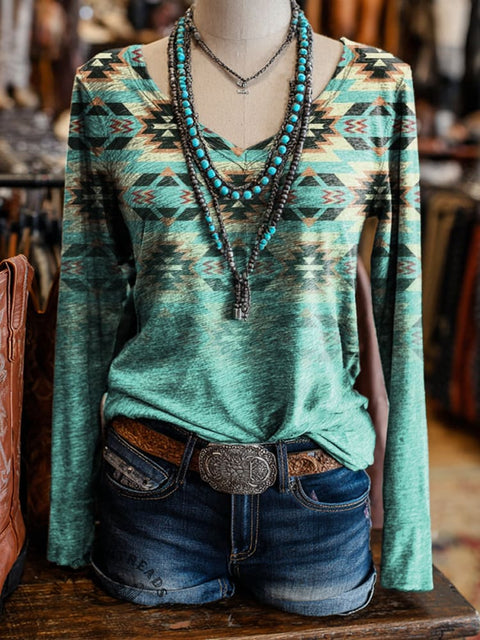 100% Cotton🍃Aztec Print Casual V-neck Long Sleeve T-shirt
