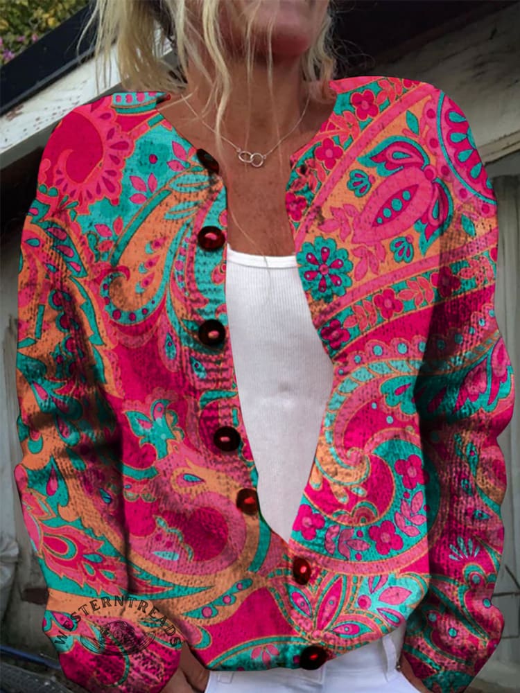 Paisley Art Print Buttoned Cardigan Sweater