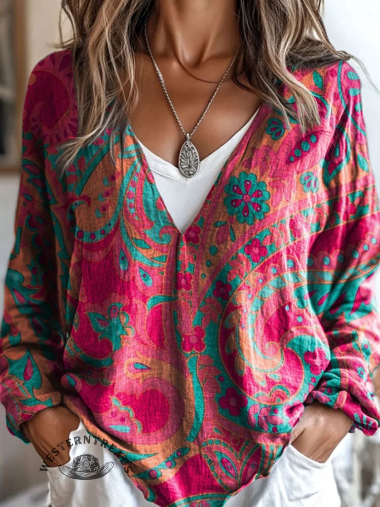 100%Cotton🍃Paisley Art Print Casual V-neck Long Sleeve T-shirt