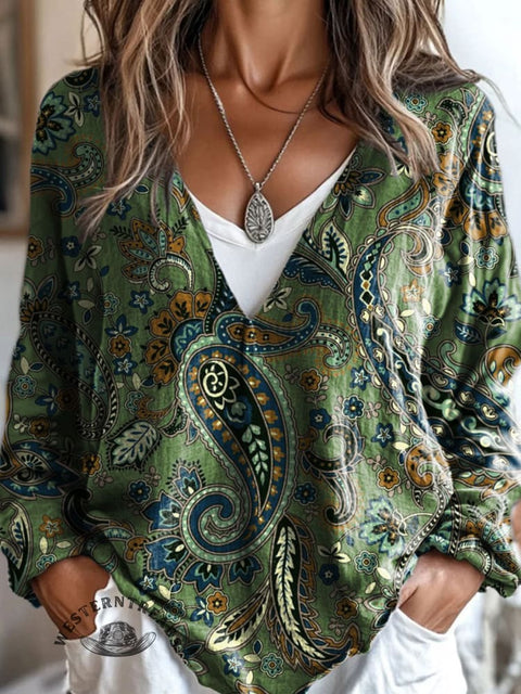 100%Cotton🍃Paisley Art Print Casual V-neck Long Sleeve T-shirt