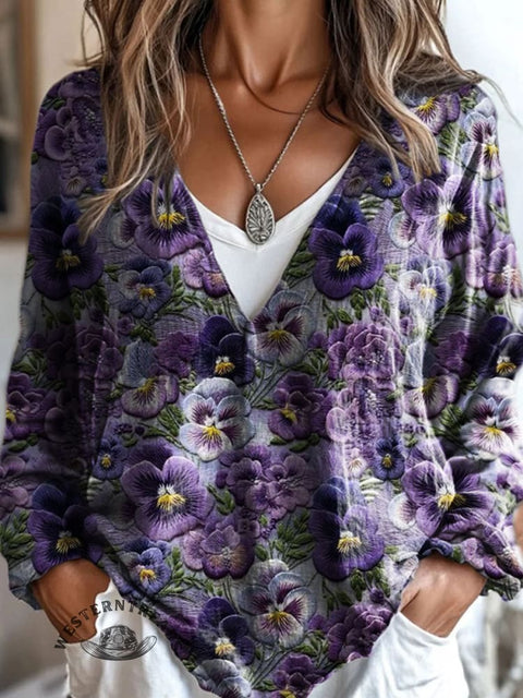 100%Cotton🍃Purple Floral Print Casual V-neck Long Sleeve T-shirt