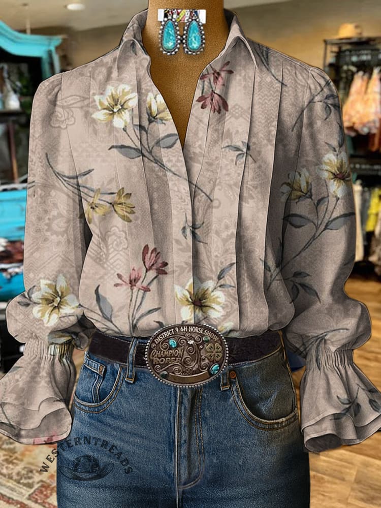 Vintage Floral Prints Casual Cotton And Linen Shirt