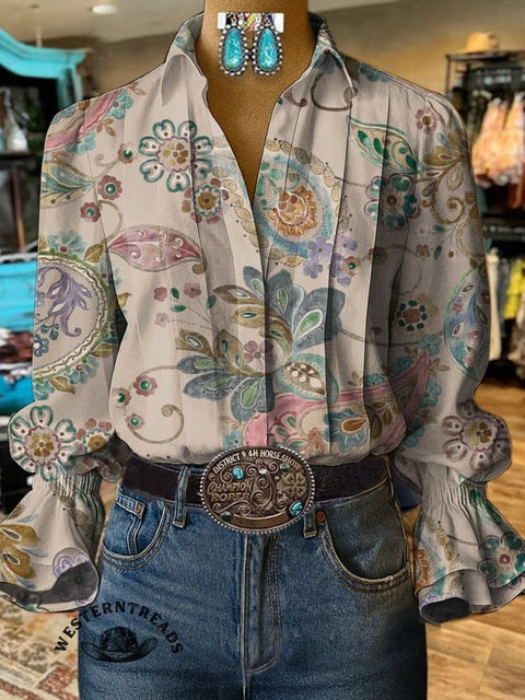 Paisley Art Print Casual  Cotton And Linen Shirt