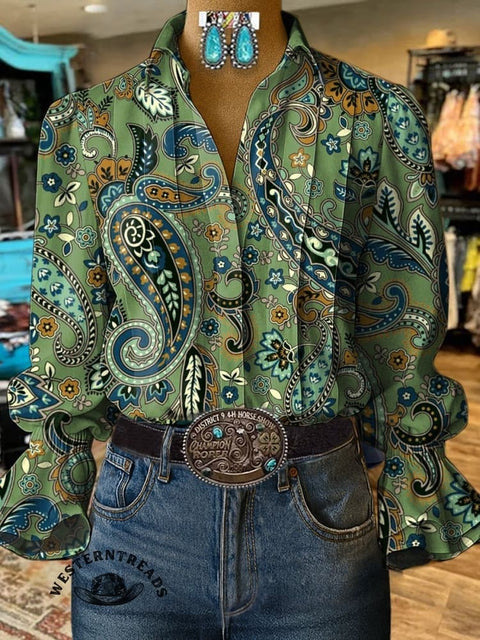 Paisley Art Print Casual  Cotton And Linen Shirt