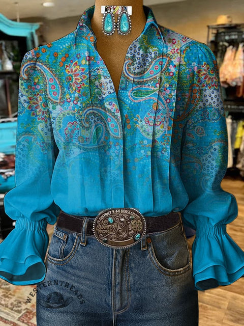Paisley Art Print Casual  Cotton And Linen Shirt