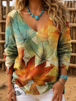 Maple Leaf Art Print Casual Pullover Sweater
