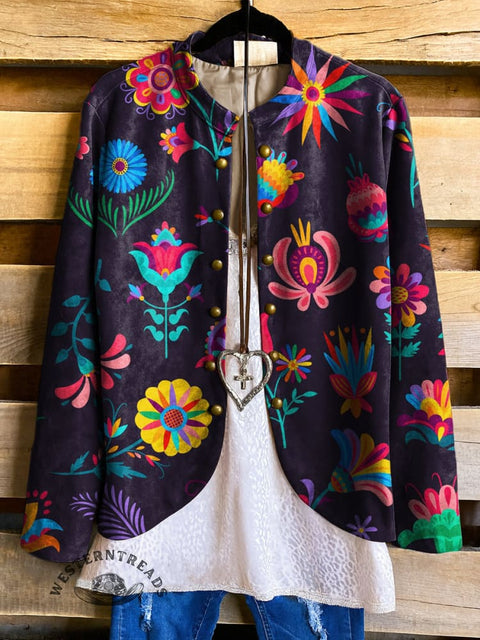 Ethnic Flowers Print Casual Jacket