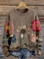 Vintage Floral Prints Knit Pullover Sweater
