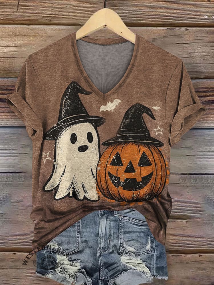 Vintage Halloween Art Prints V-neck Casual T-Shirt