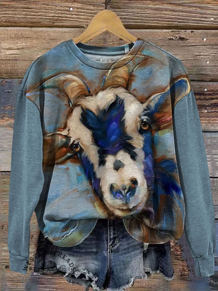 Vintage Goat Art Print Casual Cotton Sweatshirt