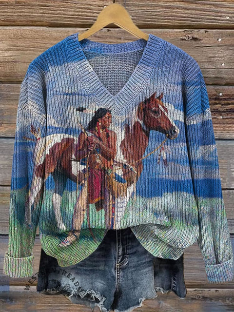 Native American Art Print Casual V-neck Pullover Knit