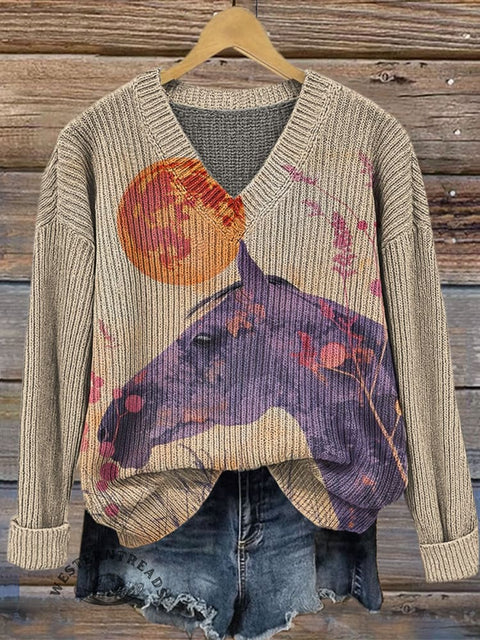 Horse Art Print Casual V-neck Pullover Knit