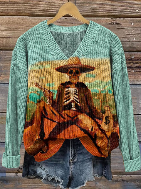 Funny Western Skull Print Casual V-neck Pullover Knit