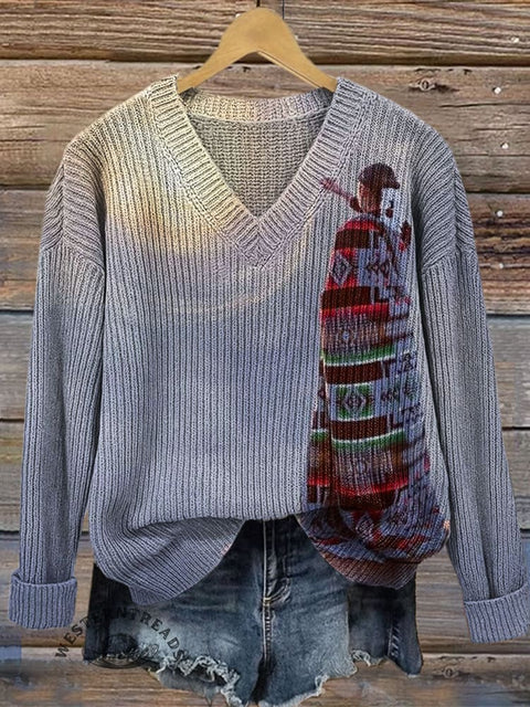 Native American Art Print Casual V-neck Pullover Knit