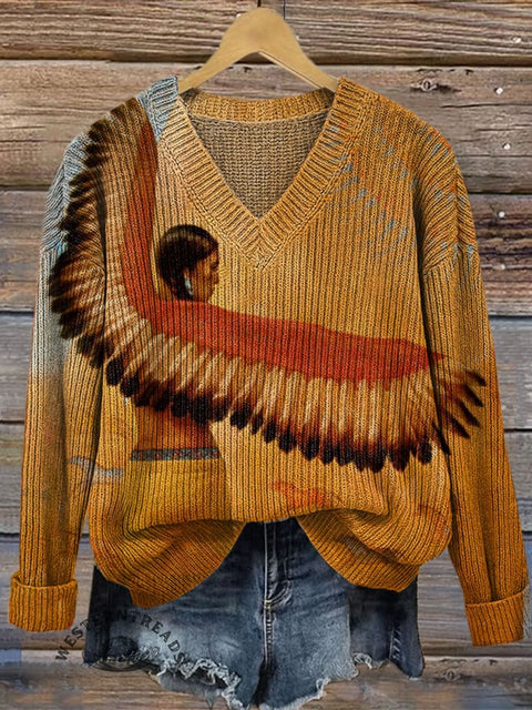 Native American Art Print Casual V-neck Pullover Knit