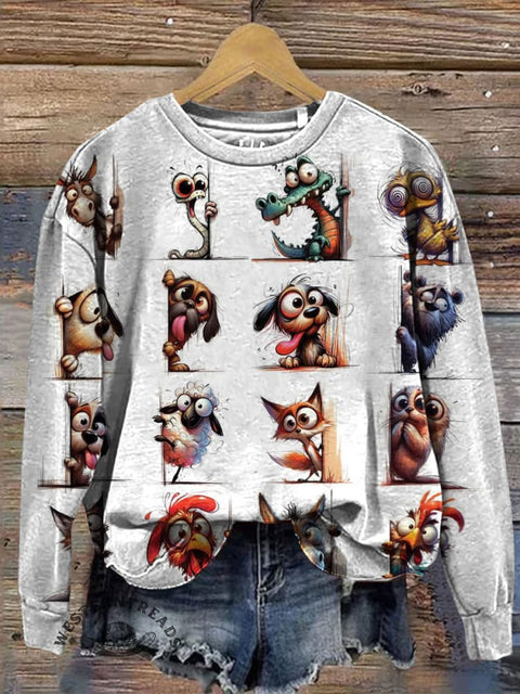 Animal Art Print Casual Cotton Sweatshirt