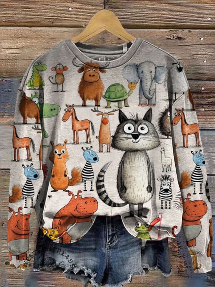Animal Art Print Casual Cotton Sweatshirt