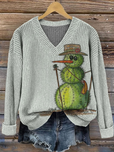 Funny Cactus Snowman Print Casual V-neck Pullover Knit