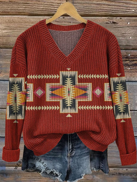 Aztec  Art Print Casual V-neck Pullover Knit