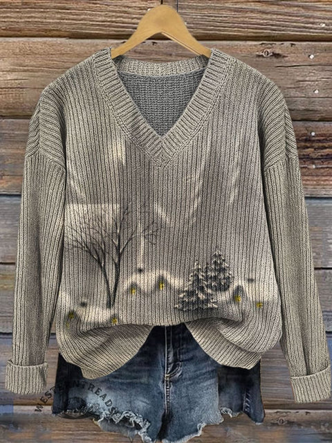 Winter Art Print Casual V-neck Pullover Knit