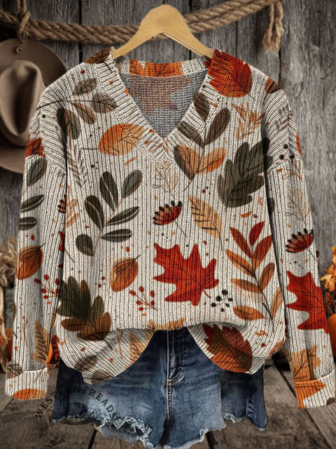 Autumn Maple Print Casual V-neck Pullover Knit