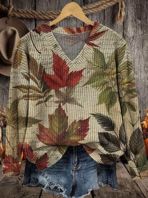 Autumn Maple Print Casual V-neck Pullover Knit