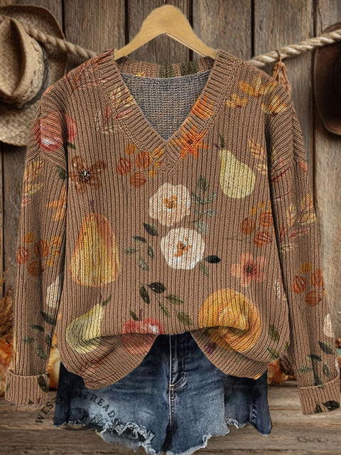 Fall Art Print Casual V-neck Pullover Knit