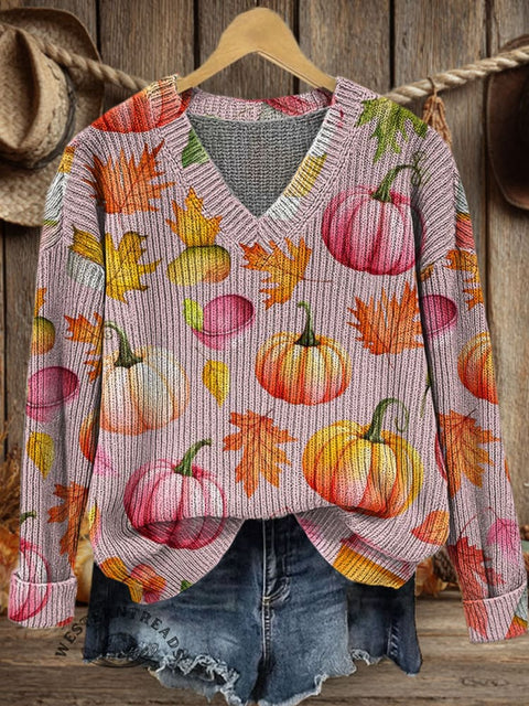 Pumpkin Art Print Casual V-neck Pullover Knit