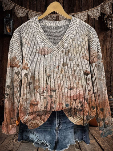 Fall Art Print Casual V-neck Pullover Knit