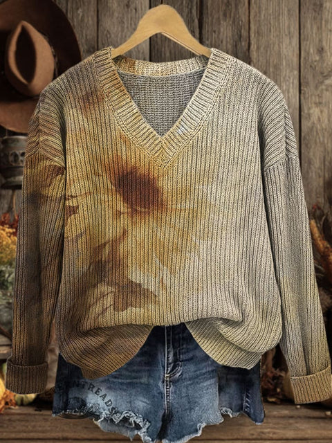 Retro Sunflower Art Print Casual V-neck Pullover Knit