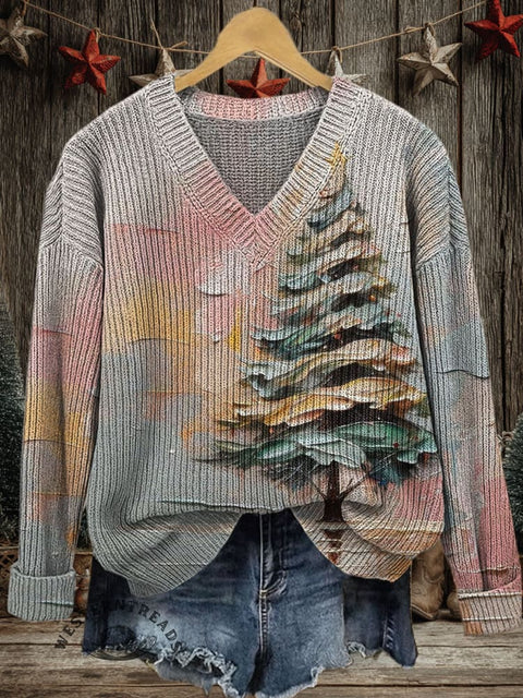 Christmas Art Print Casual V-neck Pullover Knit