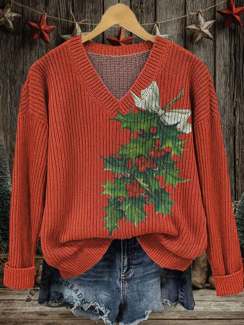 Christmas  Art Print Casual V-neck Pullover Knit