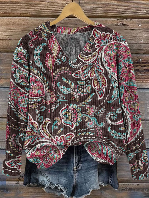 Paisley Art Print Casual V-neck Pullover Knit