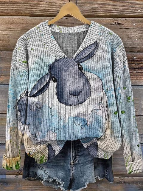 Art Print Casual V-neck Pullover Knit