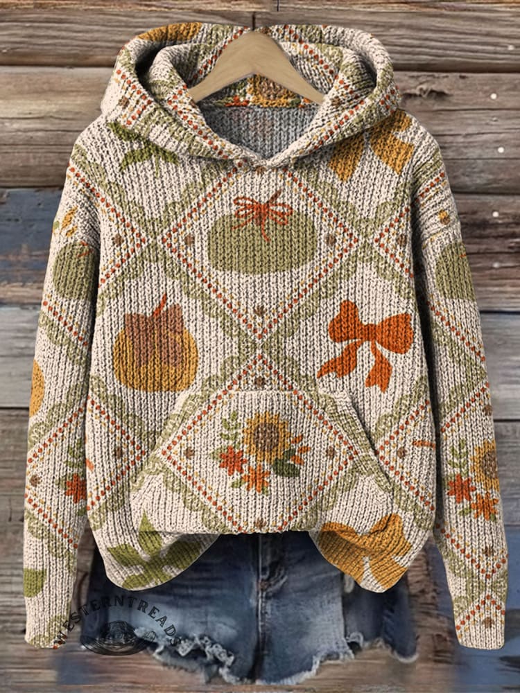 Fall Art Print Knit Pullover Hooded Sweater