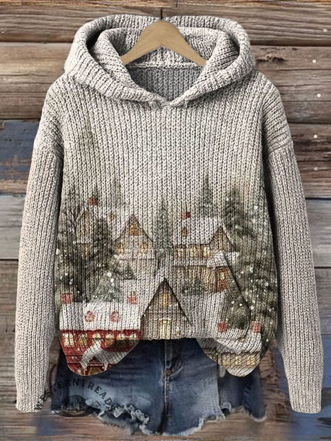 Winter Art Print Knit Pullover Hooded Sweater