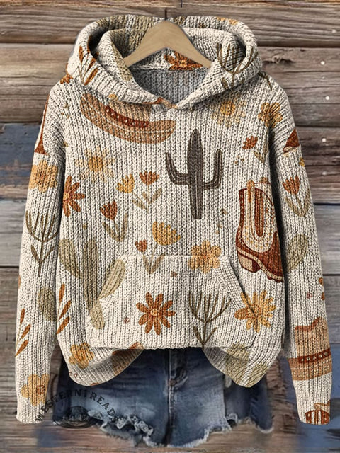 Western Art Print Knit Pullover Hooded Sweater