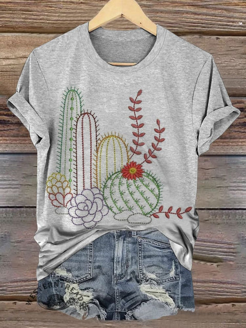 Cactus Art Print Casual T-shirt