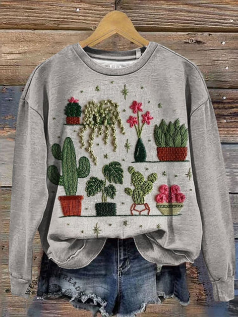 Cactus Print Casual Cotton Sweatshirt