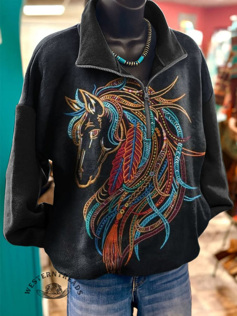 Horse Print Casual Long Sleeve Zip Sweatshirt