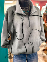 Horse Print Casual Long Sleeve Zip Sweatshirt