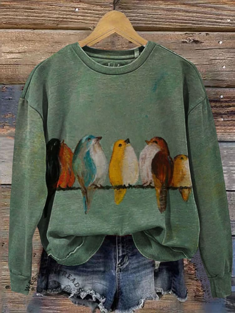 Vintage Bird Art Print Casual Cotton Sweatshirt