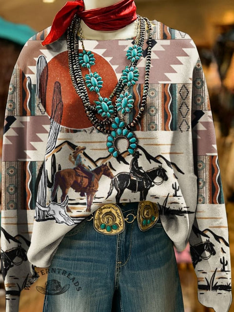Western Art Print Casual Cotton Sweatshirt