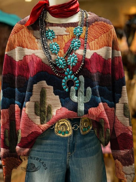 Western Cactus Art Print Casual Cotton Sweatshirt