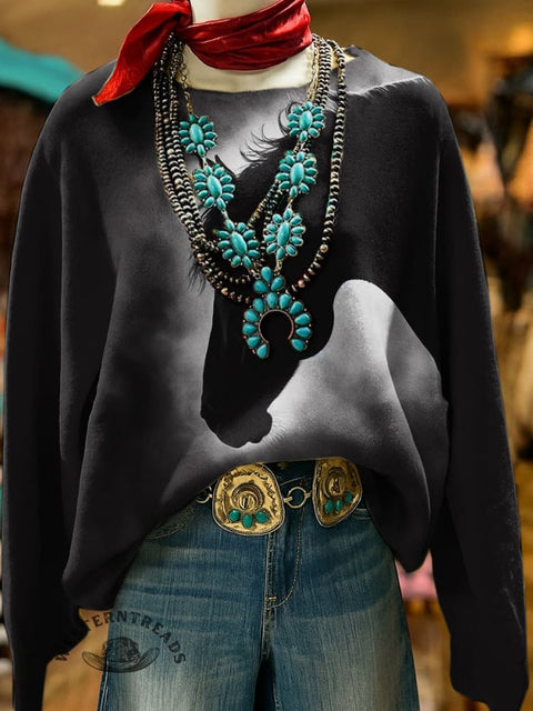 Horse Art Print Casual Cotton Sweatshirt